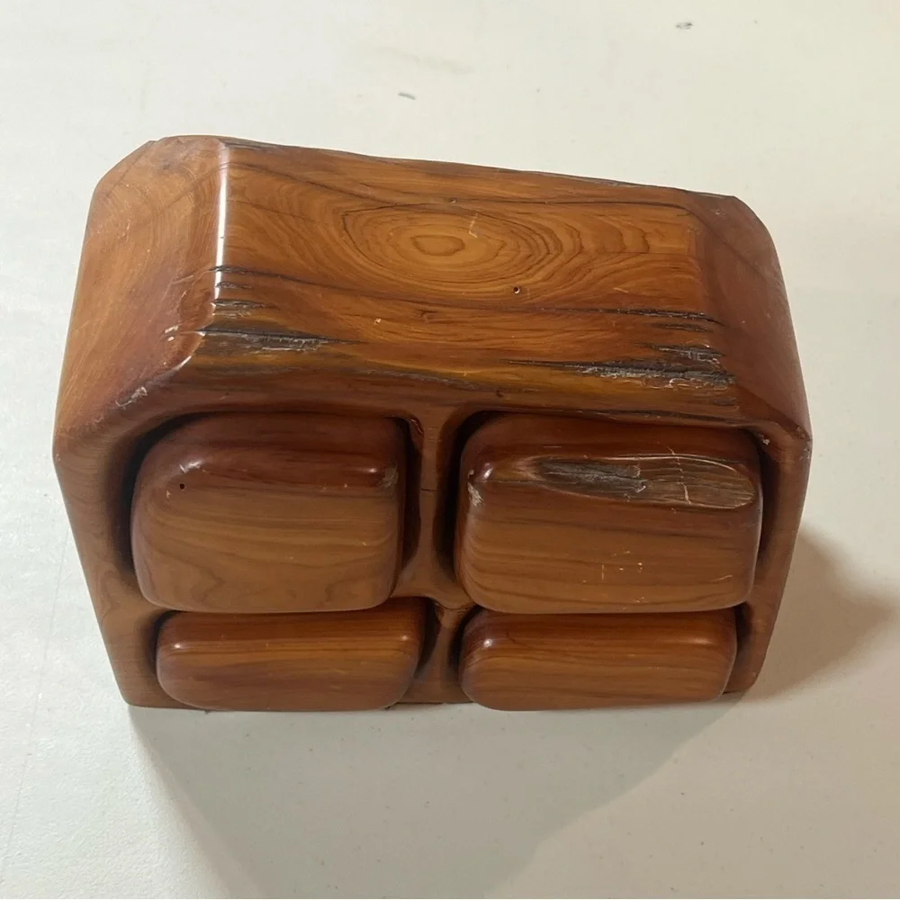 Jeff Trag Carved Knotty Wood Handmade 4 Drawer Jewelry Box Vintage Hand Carved